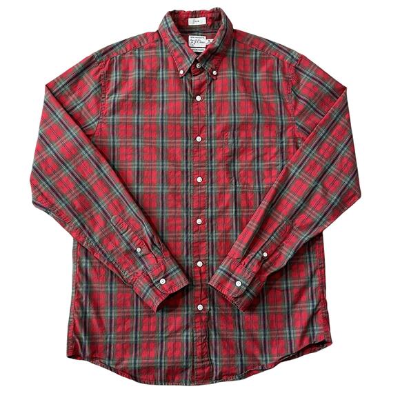 J Crew Mens 100s 2 Ply Yarns Red Plaid Long Sleeve Button Up Shirt Size Medium - Picture 1 of 6